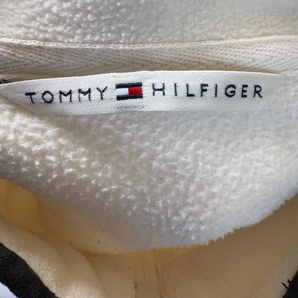Tommy Hilfiger Womens XL Full Zip Fleece Jacket Cream Black Colorblock Mock Neck